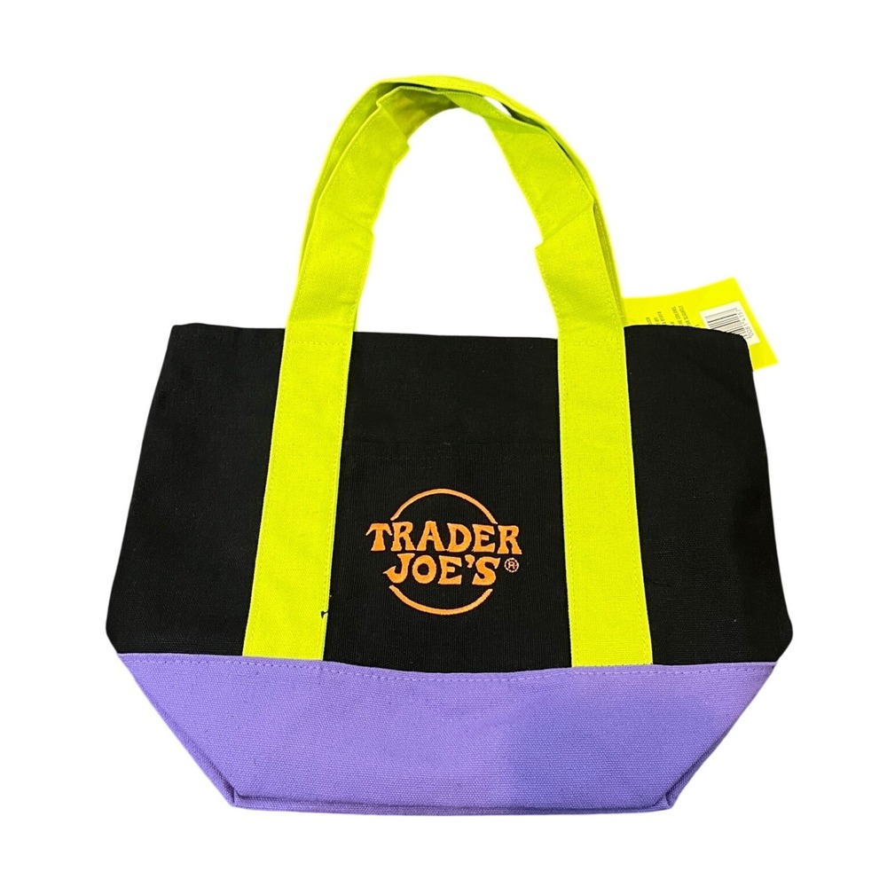 Trader Joe's Halloween Trick-or-Treat Canvas Tote Bag Black Purple Neon Green
